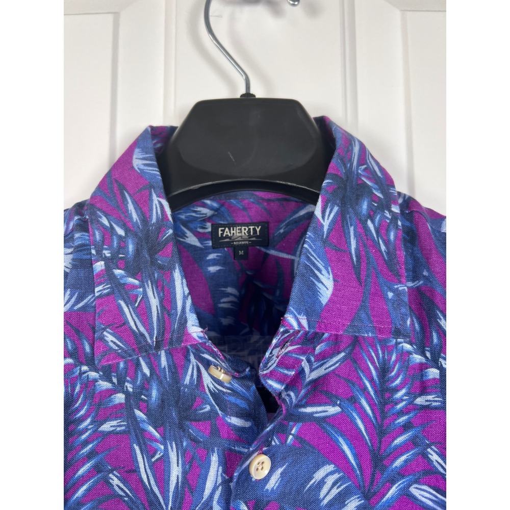 Faherty Reserve Mens Medium Purple Blue Tropical Palm Leaf Short Sleeve Shirt